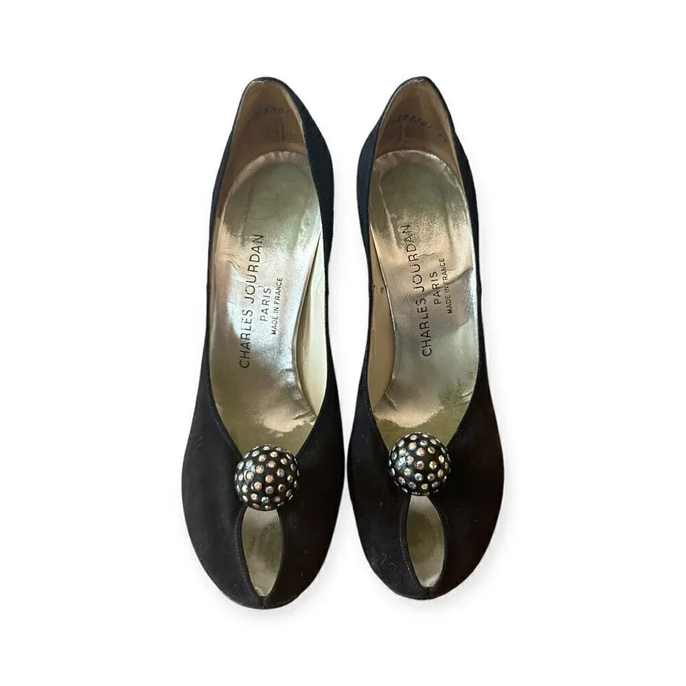 Vintage Charles Jourdan‎ Black Suede Heel with Rhinestone Ball. Size 7 2A